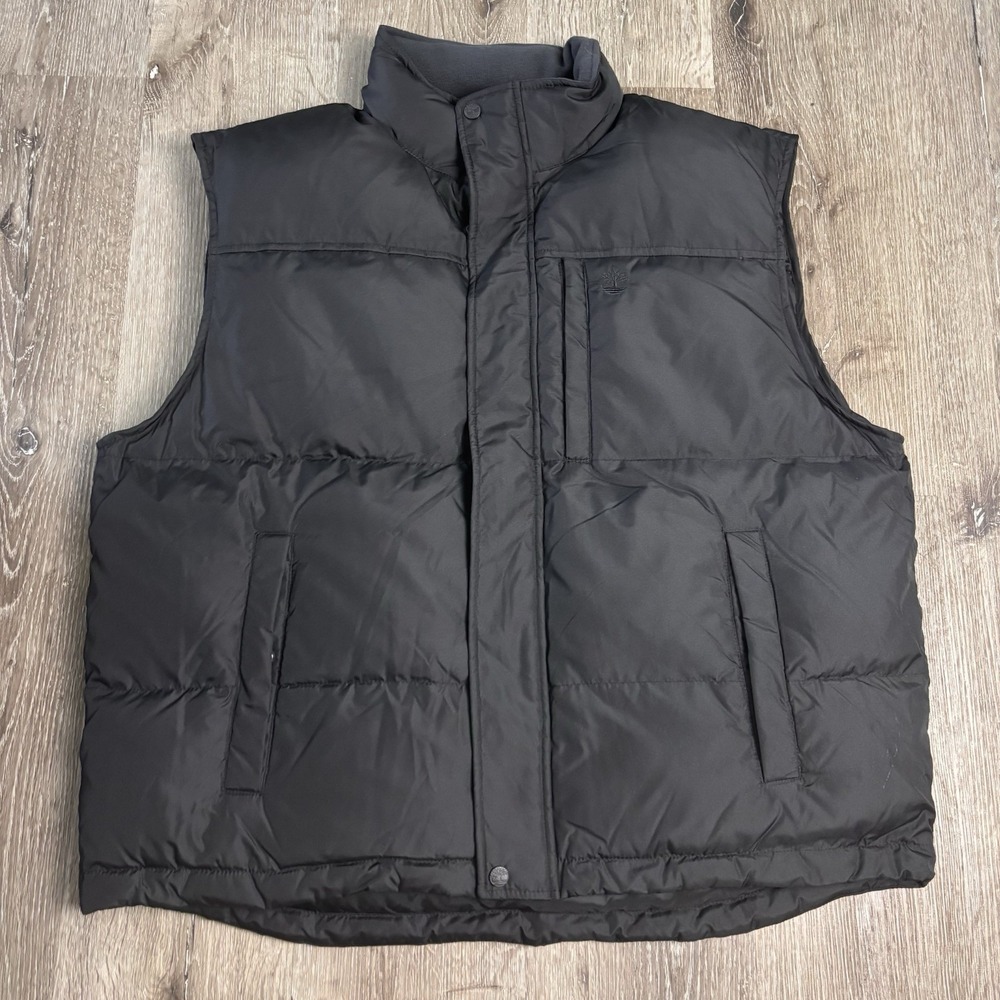 Timberland Men's XXL Black Down Feather Zip Snap Mock Neck Puffer Vest
